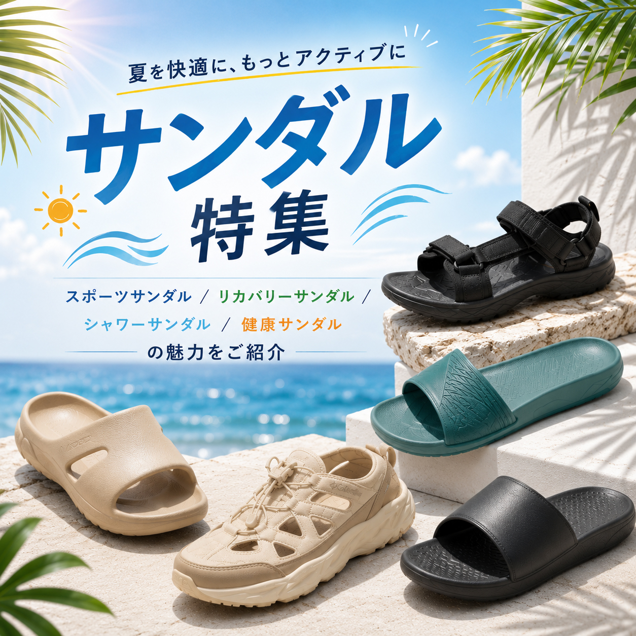 スポーツサンダル、リカバリーサンダル、健康サンダル、シャワーサンダルを紹介する夏の人気サンダル特集